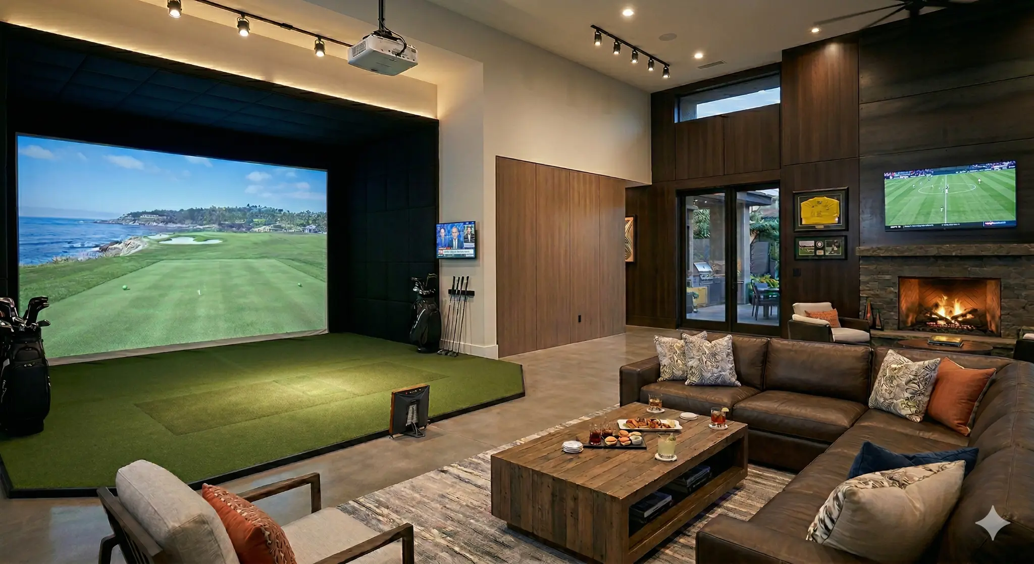 Residential golf simulator environment designed for comfort, performance, and everyday use